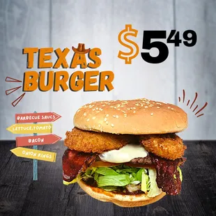 a burger with bacon, lettuce, and cheese