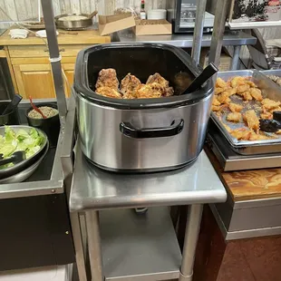 Chicken, fried shrimp, liver and gizzards