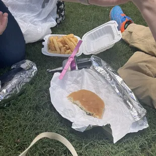 Spicy chicken special box, fries, and cheeseburger