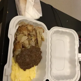 Home fries, sausage, eggs, and toast ($6.45)