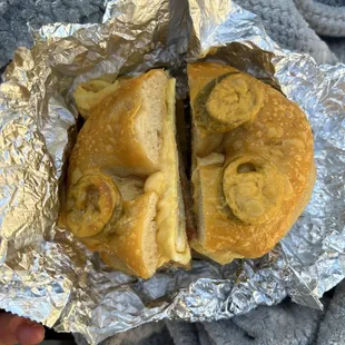 Sausage egg and cheese on a jalapeño bagel