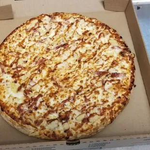 BBQ chicken pizza 
(BBQ sauce and chicken and turkey bacon and pineapple)