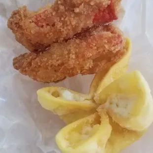 Crab Rangoon and fried crab sticks.
