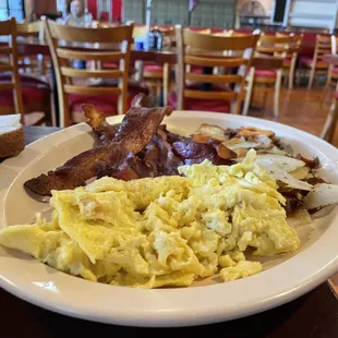 Same full plate of eggs and potatoes with bacon - and socially safe. So good to stop in!