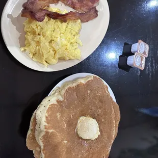 Pancakes, bacon  and eggs (NOT scrambled soft)