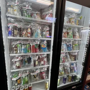 refrigerators with drinks and snacks