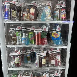 a refrigerator full of snacks and drinks