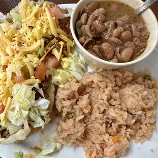 Puffy Taco Plate, 1 Chicken &amp; 1 Beef, rice &amp; charro beans.