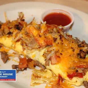 Beef omellet  with 3 buttermilk pancakes