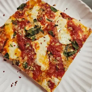 a slice of pizza on a paper plate