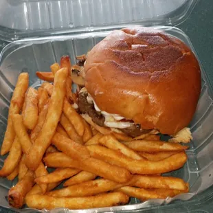 a hamburger and french fries