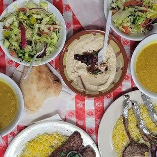 Kefta entree with saffron rice, hummus, salad, lentil soup, lamb chop entree. And that Iraqi bread!!!