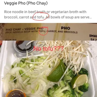 The menu states the veggie pho comes with tofu, yet they keep forgetting to include the tofu