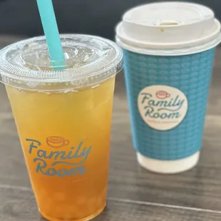 Peach tea with peach popping bubbles and dark roast coffee w cream