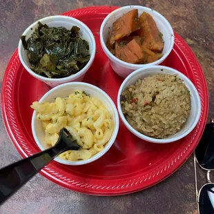 Greens, Macaroni and Cheese, Yams, Dirty Rice