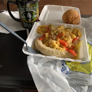 Ackee and Salt fish w/boiled banana and 3 large fries dumplings (this is the small portion $9)