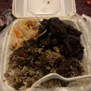 a meal in a styrofoam container