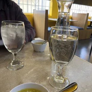 a bowl of soup and a glass of water