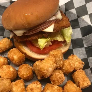 a burger and tater tots