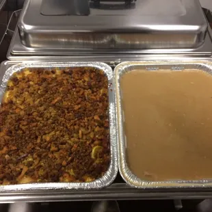 Yellow squash casserole and piping hot gravy