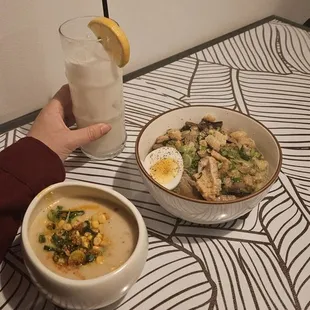 Coconut lemonade, corn soup to the bottom left, la Beacon batchoy bottom right