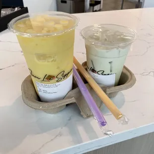 Mango smoothie with boba &amp; and a Matcha tea