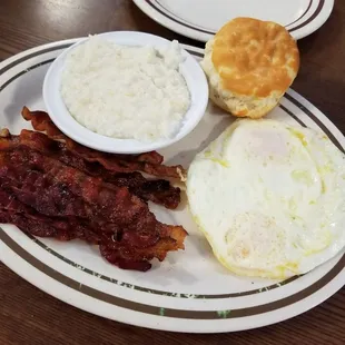 The 2x4. 2eggs and 4 crispy bacon, grits and biscuit