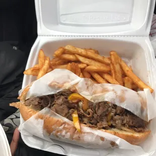 6-inch Philly steak (weird flavor) &amp; seasoned fries (hot &amp; delicious)