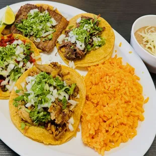 3 Taco Combo (carnitas, cecina, chorizo + a barbacoa with rice and beans