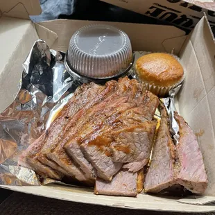 Brisket Dinner with side salad, wilber beans &amp; corn bread muffin.
