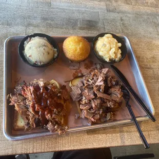 Chopped pork, brisket, mashed potatoes, Mac and cheese