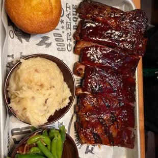 Baby back ribs, garlic mash and firecracker green beans. Delish!