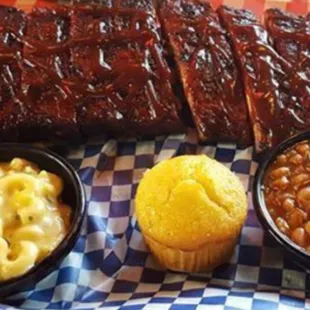 Baby back ribs with wilbur beans, cornbread muffin and mac &amp; cheese.