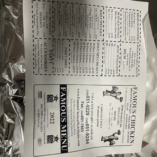 the menu for the restaurant