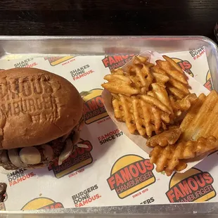 Mushroom and Swiss burger, without the Swiss cheese and the crunchiest waffle fries!