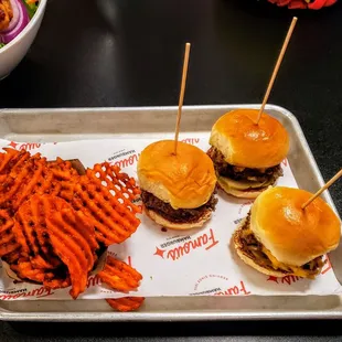 Three Cute Hamburgers with Sweet Potato Waffle Fries at Famous Hamburger Dearborn