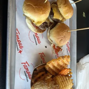 Mini burgers and waffle fries