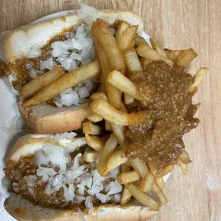 The special with a hot dog and hamburger, with the works, and chili on the fries