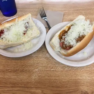The "Hamburger" is on the left the hotdog is on the right.