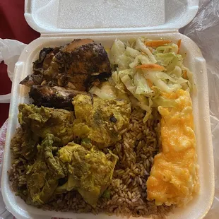 Jerk chicken, curry chicken, cabbage, Mac &amp; cheese