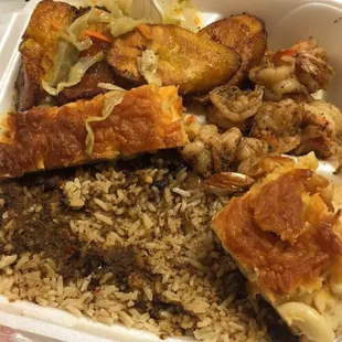 Jerk shrimp, mac n cheese, cabbage, plantains and rice