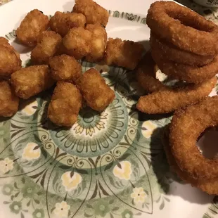 Tater tots and onion rings, perfectly fried