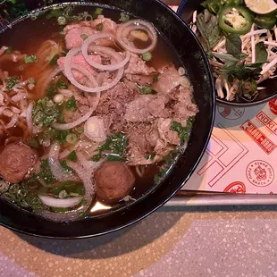 Pho Tai Gau Sach Bo Vien: Rare Beef, Fatty Brisket, Tripe, Beef Ball $19