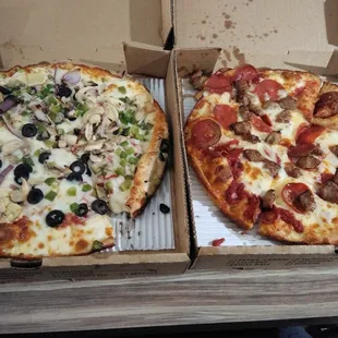 Two small pizzas delivered to our hotel room.  This was enough for two nights! Asked for plates and utensils and they delivered!