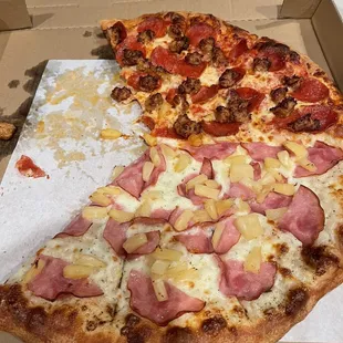 Half and half pizza. Great crust and sauce. The crust is not too thick or doughy at all. Just right!