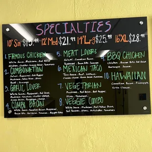 Menu of pizzas