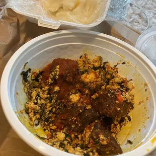 Egusi or Efo Riro Pounded Yam, Yam Flour or Eba