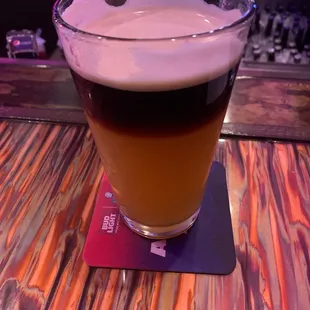 Famous Sam&apos;s version of a Black and Tan, a Black and Blue (Guinness and Blue Moon)...Don&apos;t tell the Irish!!