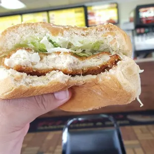a hand holding a sub sandwich