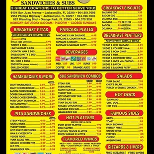 menu for famous sandwiches and subs